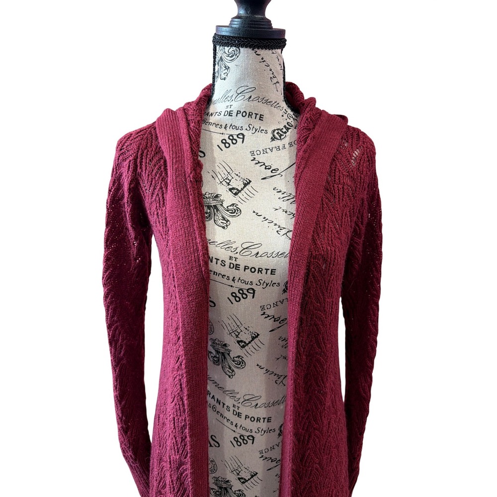 Poof! Burgundy Pointelle‎ Knit Hooded Duster Cardigan Womens Medium Open Front - Picture 2 of 6